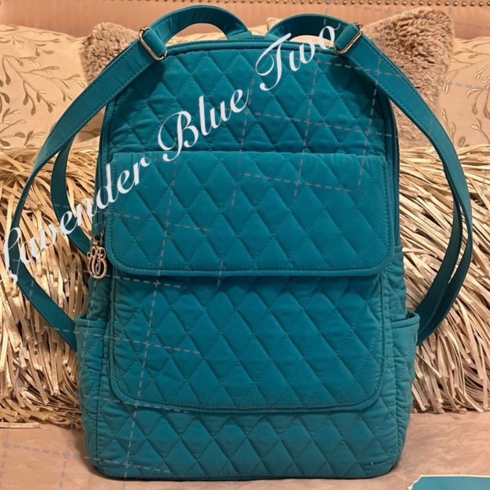 VERA BRADLEY Turquoise Sky Microfiber Campus Ultimate Backpack Solid Blue Quilt